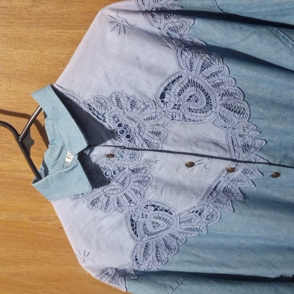 Gorgeous!!! Denim Dress Western Vibe Eyelet Yoke Together Brand M - Picture 2 of 15